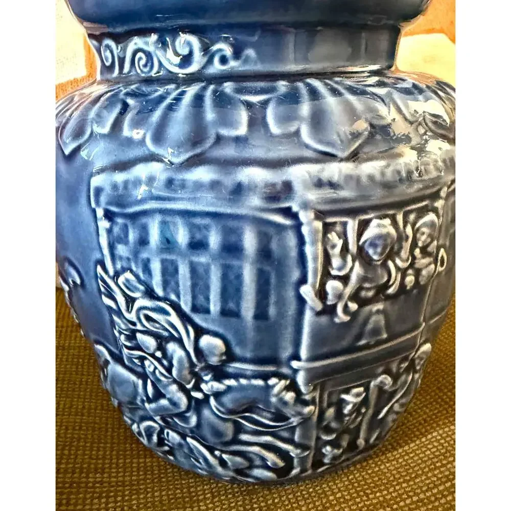Arthur Wood England Vintage Blue Embossed Ceramic Pitcher Figural Handle 10